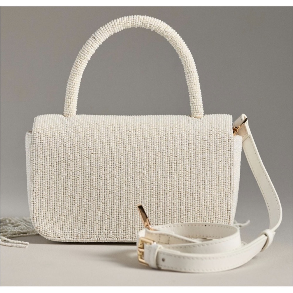 Anthropologie Ivory Beaded Fringe Top-Handle Clutch - Picture 2 of 6